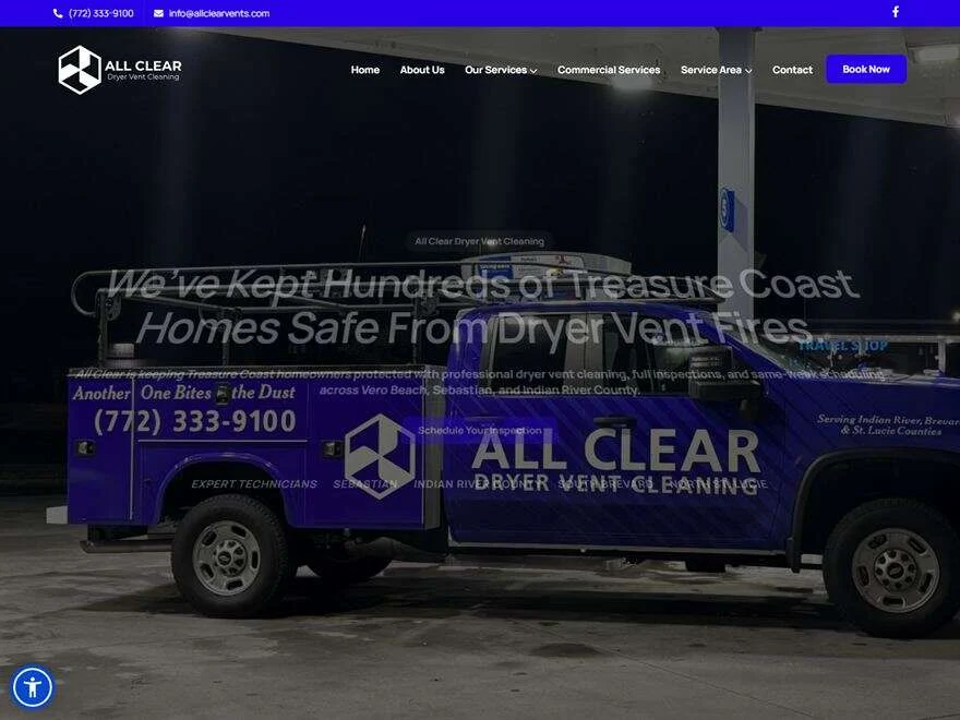 Homepage of the All Clear Dryer Vent Cleaning website, a dryer vent cleaning company on the Treasure Coast