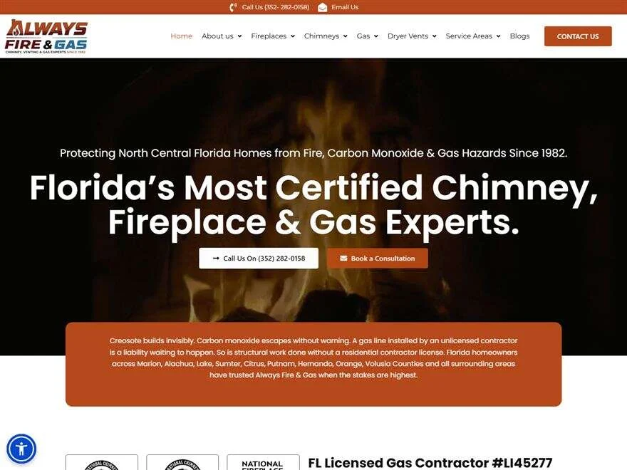 Website Development 3 Homepage of the Always Fire and Gas website, a chimney, fireplace and gas contractor in North Central Florida