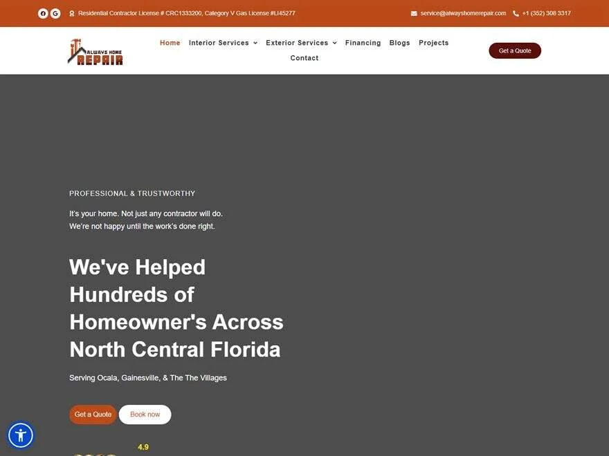 Homepage of the Always Home Repair website, a licensed residential home repair contractor
