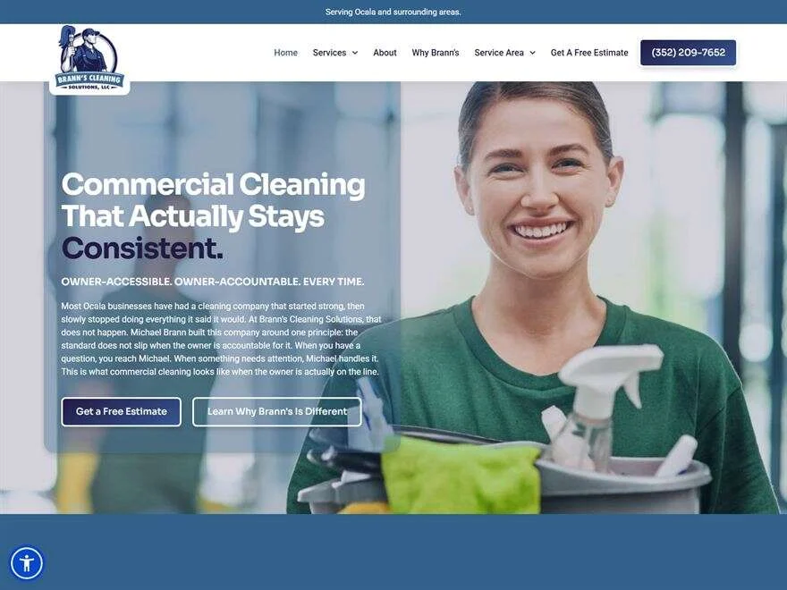 Homepage of the Brann's Cleaning Solutions website, a commercial cleaning company in Ocala, Florida