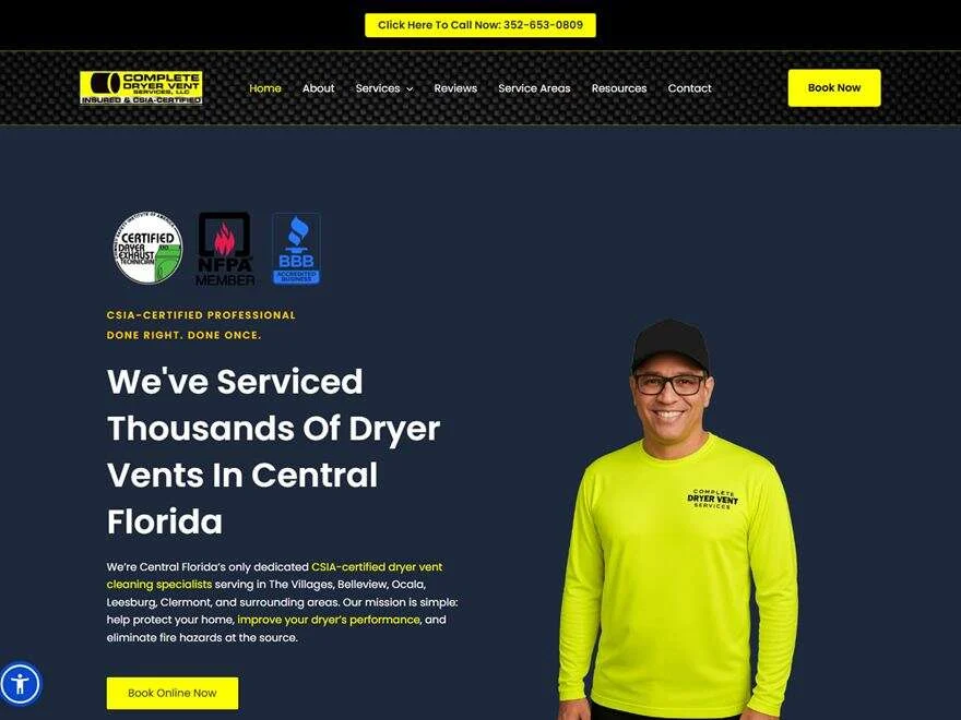 Homepage of the Complete Dryer Vent Services website, a certified dryer vent cleaning company in Central Florida