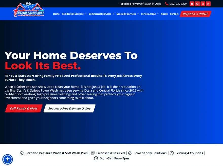Homepage of the Starr's and Stripes PowerWash website, a pressure washing company in Ocala, Florida