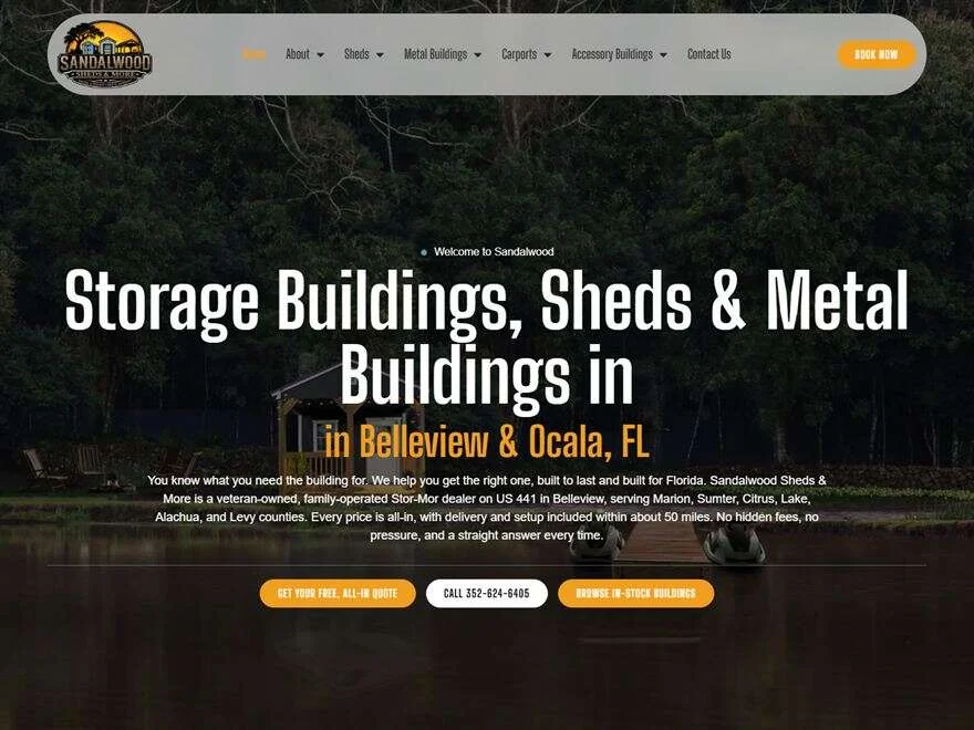 Website Development 5 Homepage of the Sandalwood Sheds and More website, a shed and metal building dealer in Belleview and Ocala, Florida