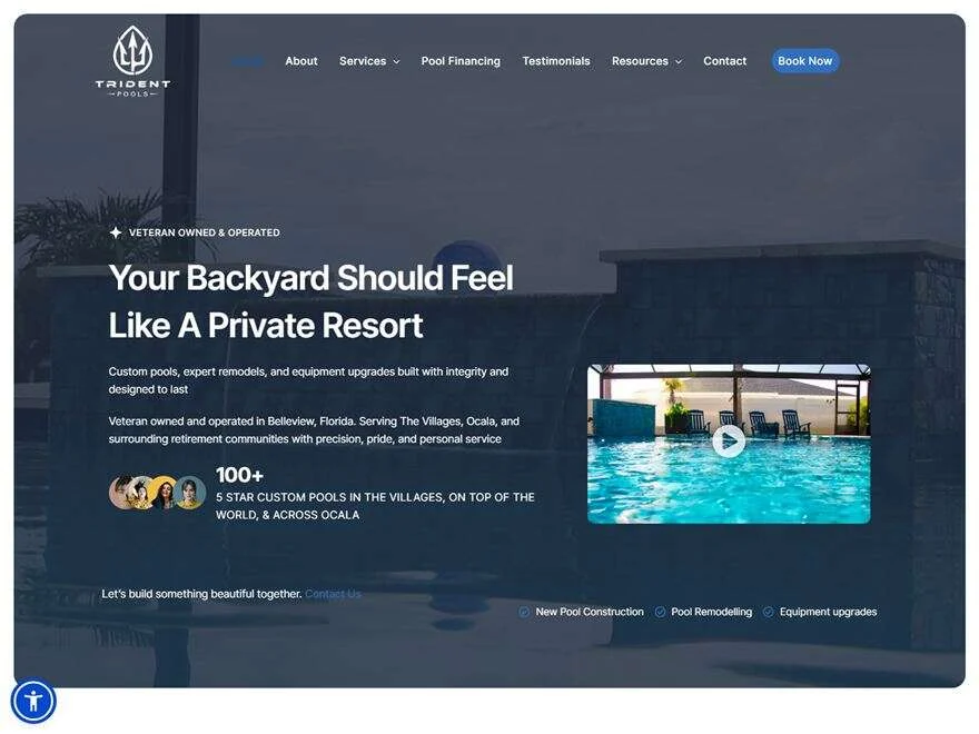 Homepage of the Trident Pool Solutions website, a custom pool builder in Ocala, Florida