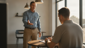 contractor receiving one on one sales training feedback from a coach during a mock appointment