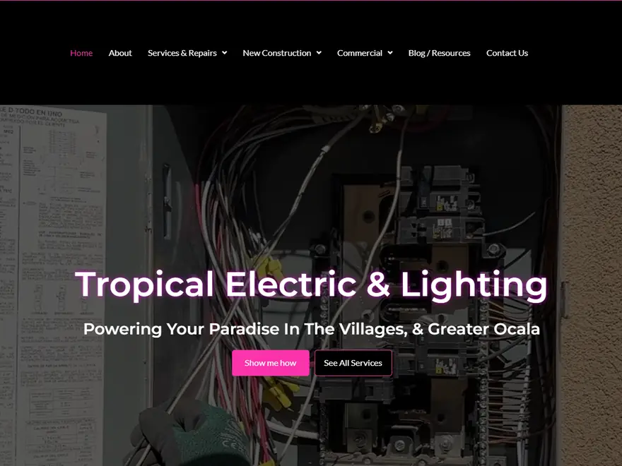 Homepage of the Tropical Electric and Lighting website, a veteran-owned electrical contractor in Ocala and The Villages, Florida