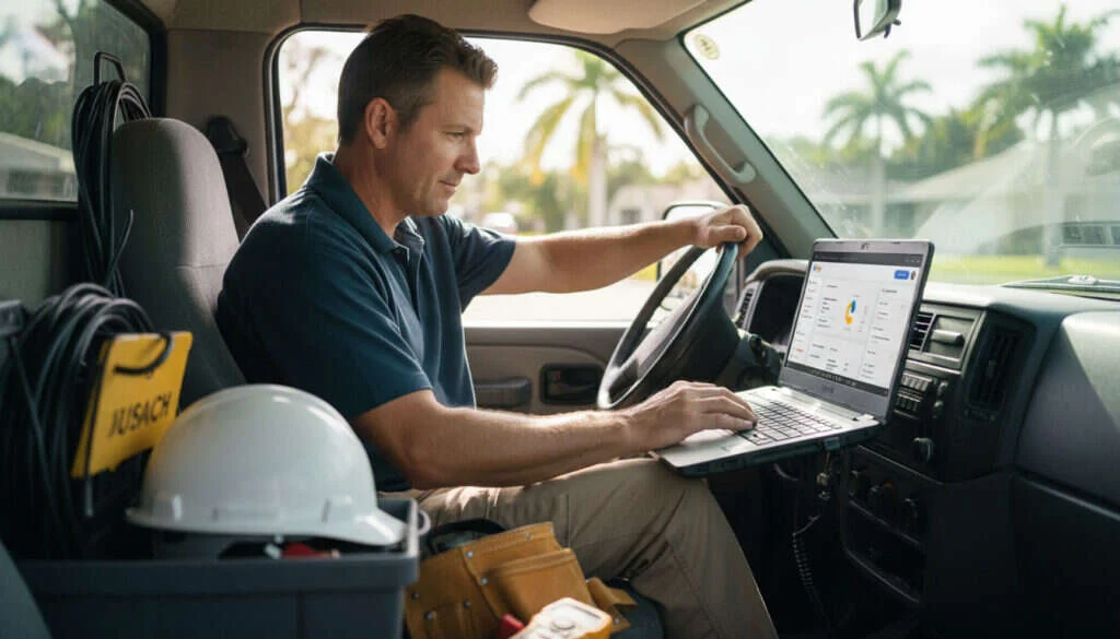 contractor checking Google Business Profile dashboard on a laptop in a Florida service truck