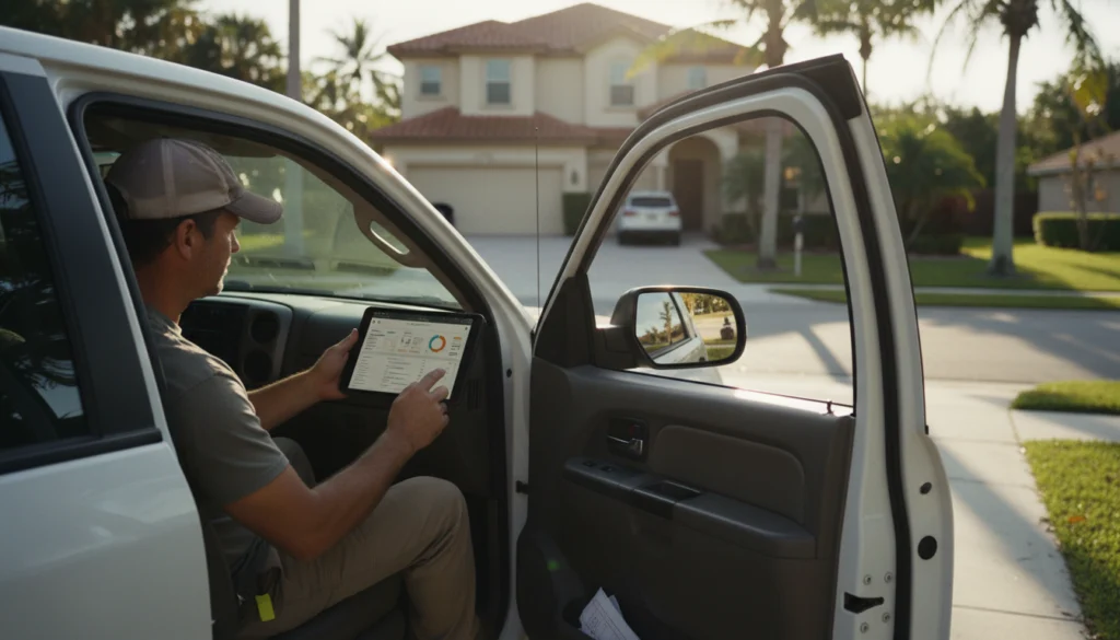 contractor checking Google Business Profile ranking on a tablet in a truck