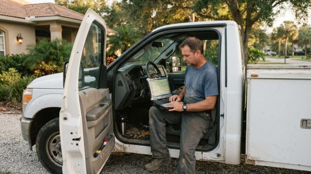 contractor checking insurance local map pack dominance results on a laptop in a Florida service truck
