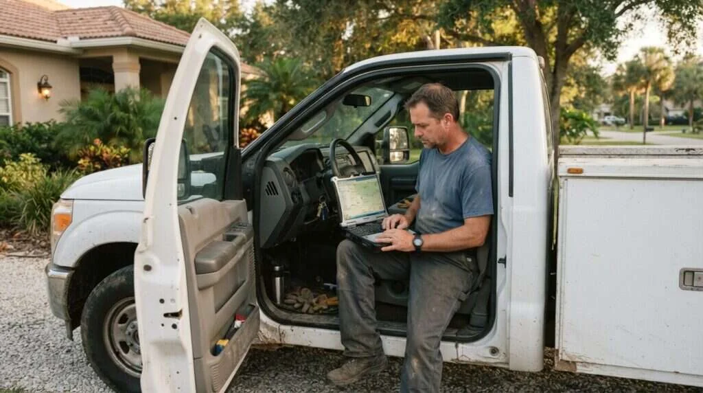 contractor checking insurance local map pack dominance results on a laptop in a Florida service truck