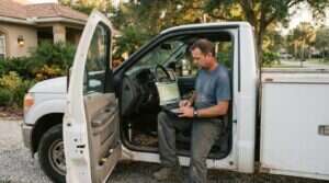 contractor checking insurance local map pack dominance results on a laptop in a Florida service truck