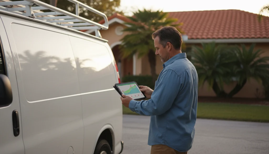 contractor checking map pack ranking service dashboard on a tablet