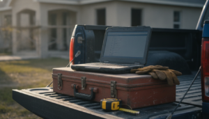 contractor credibility checklist displayed on a laptop screen next to a toolbox