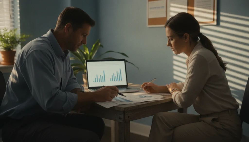 contractor reviewing a monthly social media and reputation report with an account manager