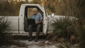 contractor reviewing a website credibility checklist on a laptop in a Florida job site truck