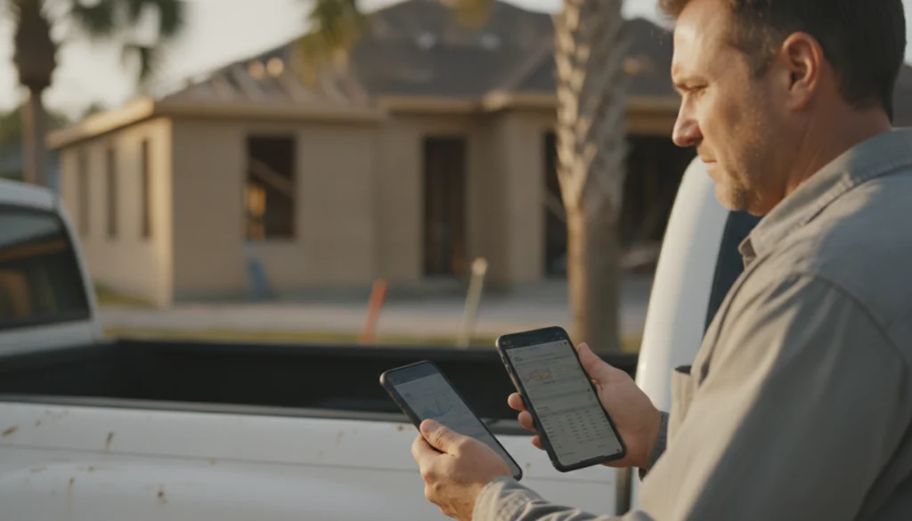 contractor reviewing contractor phone systems dashboard on a tablet at a job site