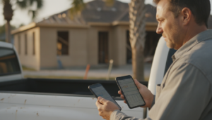 contractor reviewing contractor phone systems dashboard on a tablet at a job site