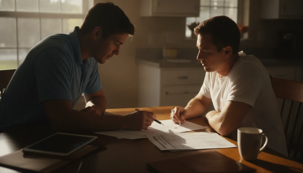 contractor reviewing financing options with a homeowner at the kitchen table