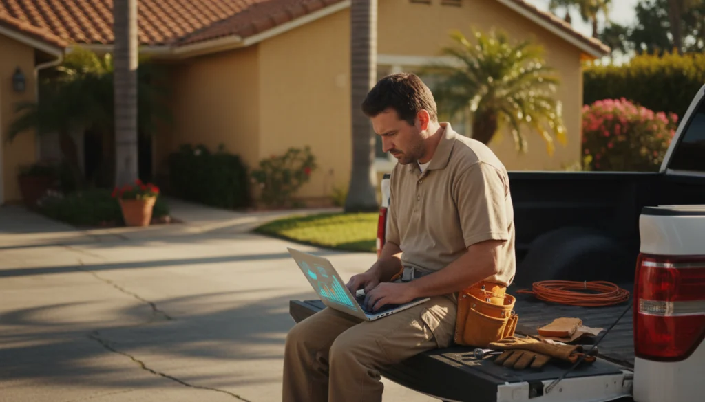 contractor reviewing home service ads management report on laptop