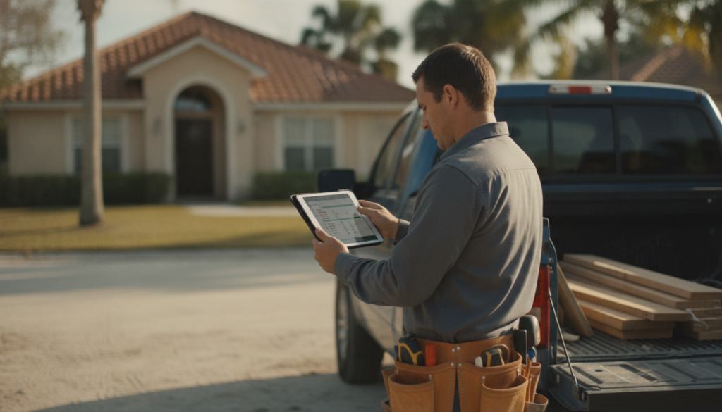contractor reviewing home service social management dashboard on tablet at a Tampa job site