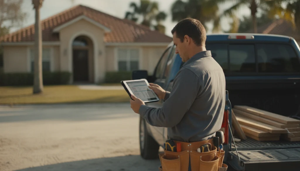 contractor reviewing home service social management dashboard on tablet at a Tampa job site