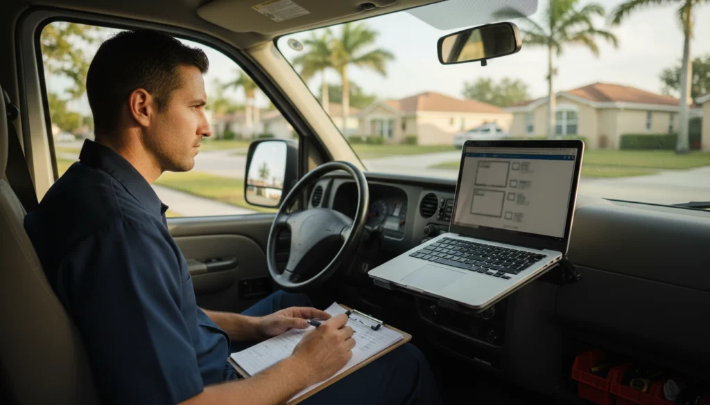 contractor reviewing local SEO service-area page on laptop