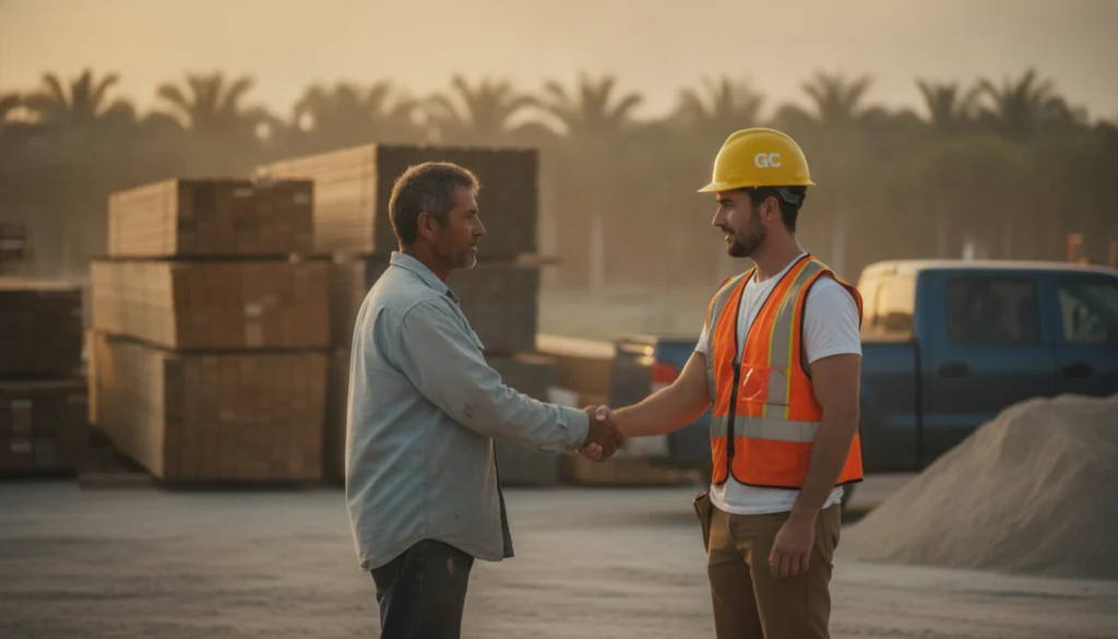 contractor shaking hands with a general contractor after selling to contractors successfully on a jobsite