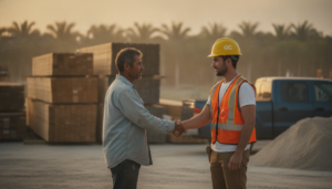 contractor shaking hands with a general contractor after selling to contractors successfully on a jobsite
