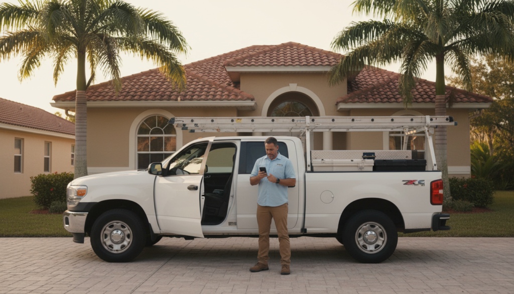 contractor truck parked in front of a home with a phone showing a google map pack service search result