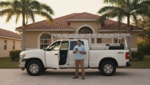 contractor truck parked in front of a home with a phone showing a google map pack service search result
