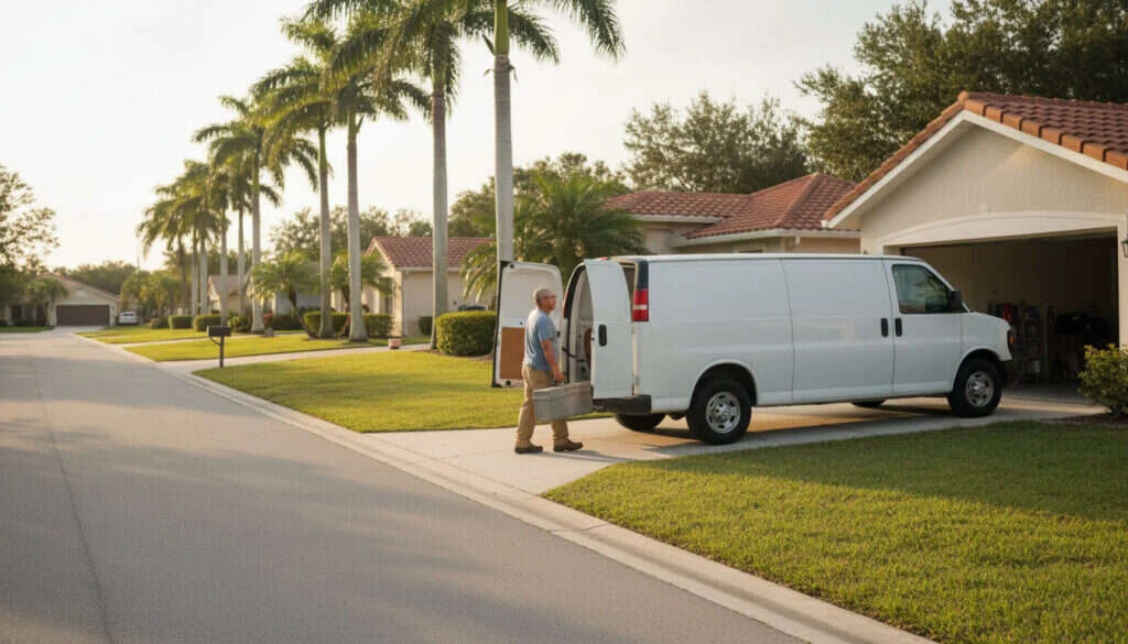 contractor van parked outside a job site in Tampa with branded signage