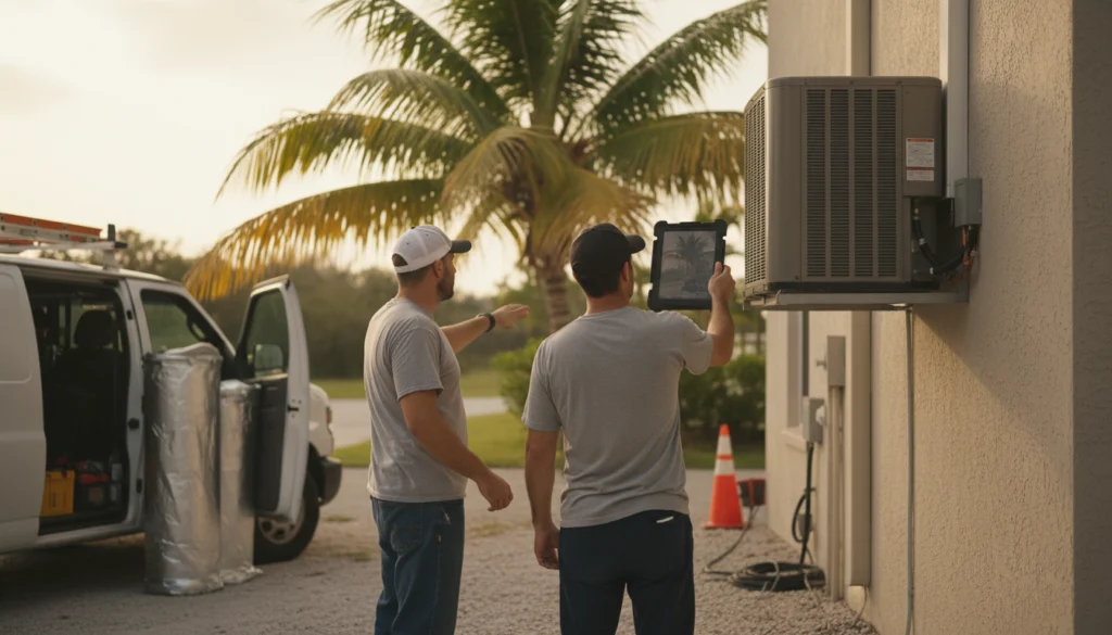 Florida contractor crew updating Google Business Profile photos on a tablet at a job site