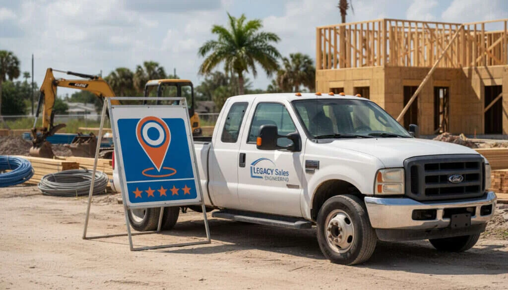 Florida contractor truck parked near Tampa job site with map pack ranking signage