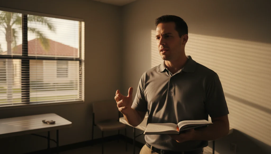 Florida home service rep practicing an objection-handling script during one on one sales coaching
