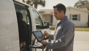 HVAC technician reviewing call data with an HVAC marketing agency Florida dashboard