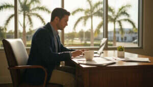 loan officer checking mortgage local map pack dominance results on a laptop in a Florida office
