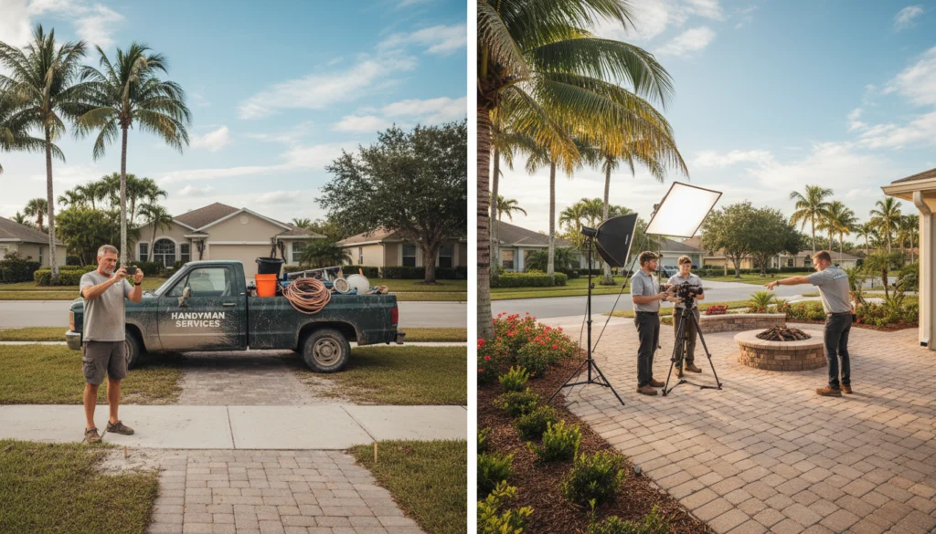 side by side comparison of DIY social post versus managed home service social management campaign
